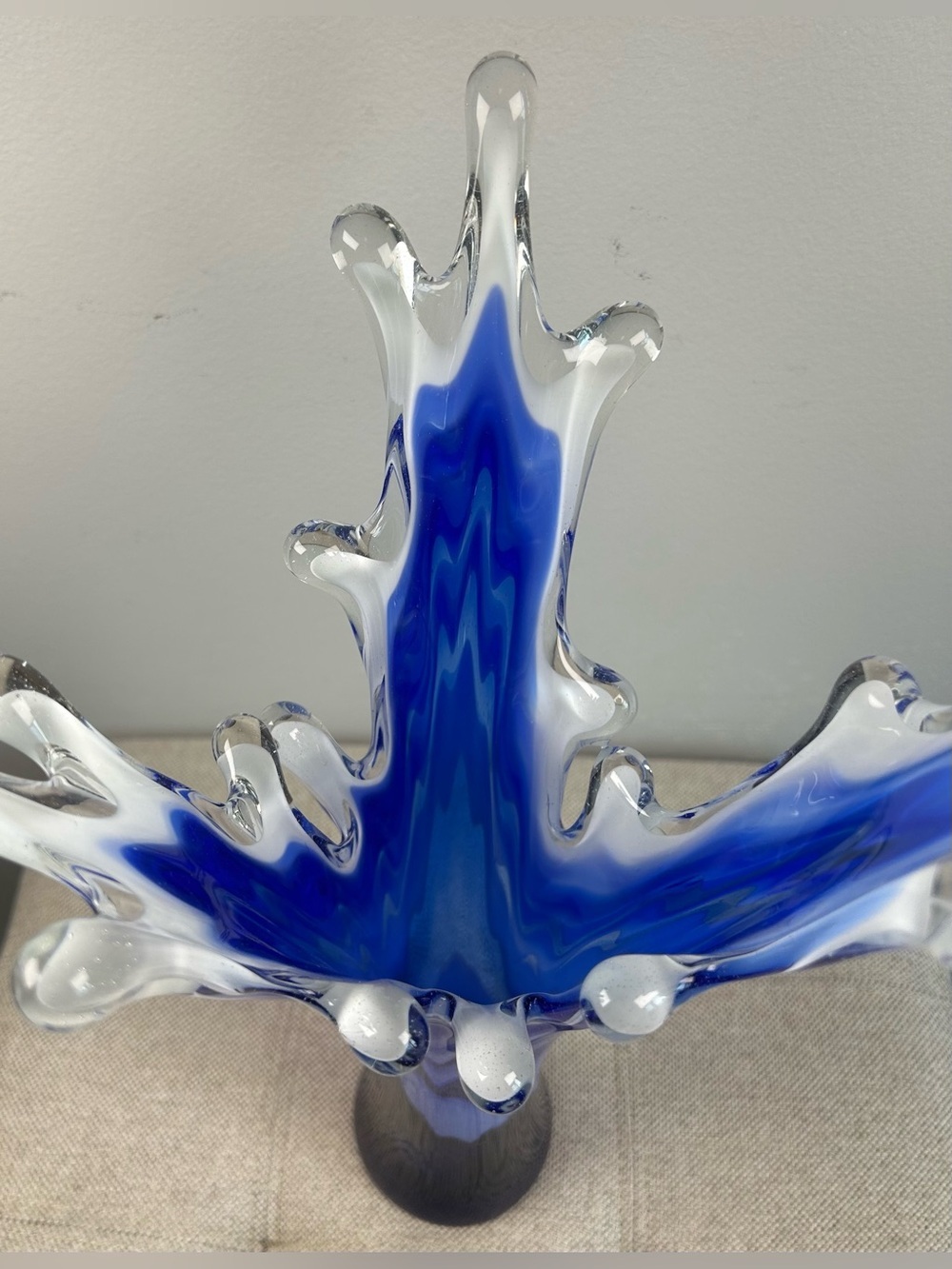 Murano Cobalt Blue & White Splash Vase Vintage 15’ Frozen Leaf Look Great Cond! - Picture 10 of 12